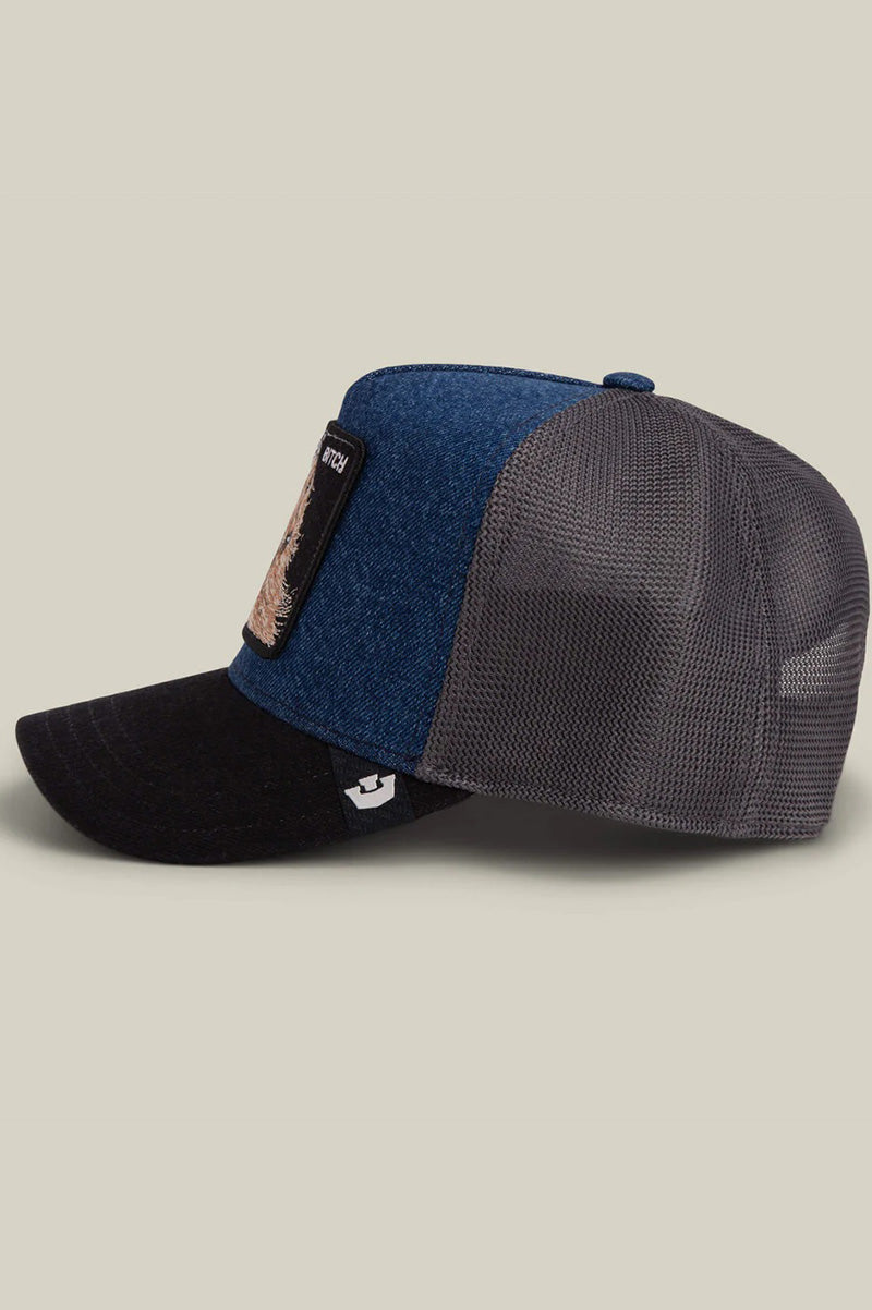 Hound dawg trucker in blue denim side view