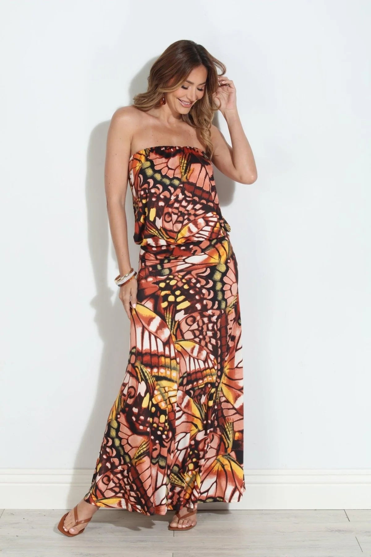 Buntes Maxikleid mit Bandeau-Top, Drop-Waist, Blattmuster