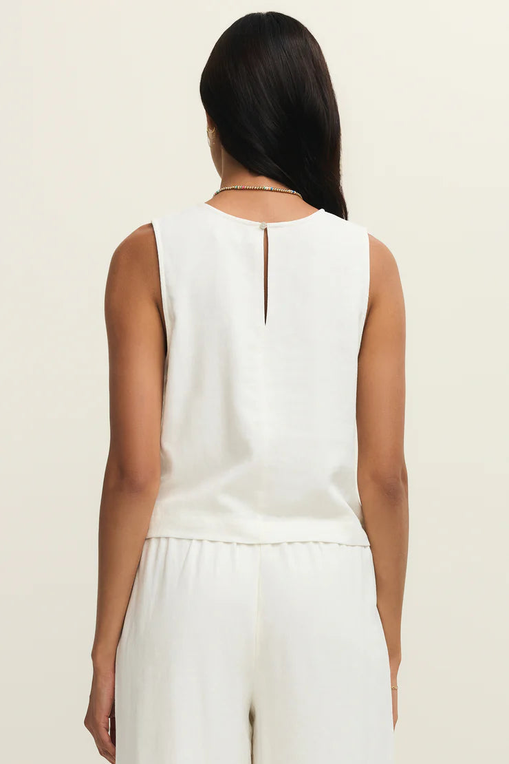 Back view white linen sleeveless top with keyhole neckline slit
