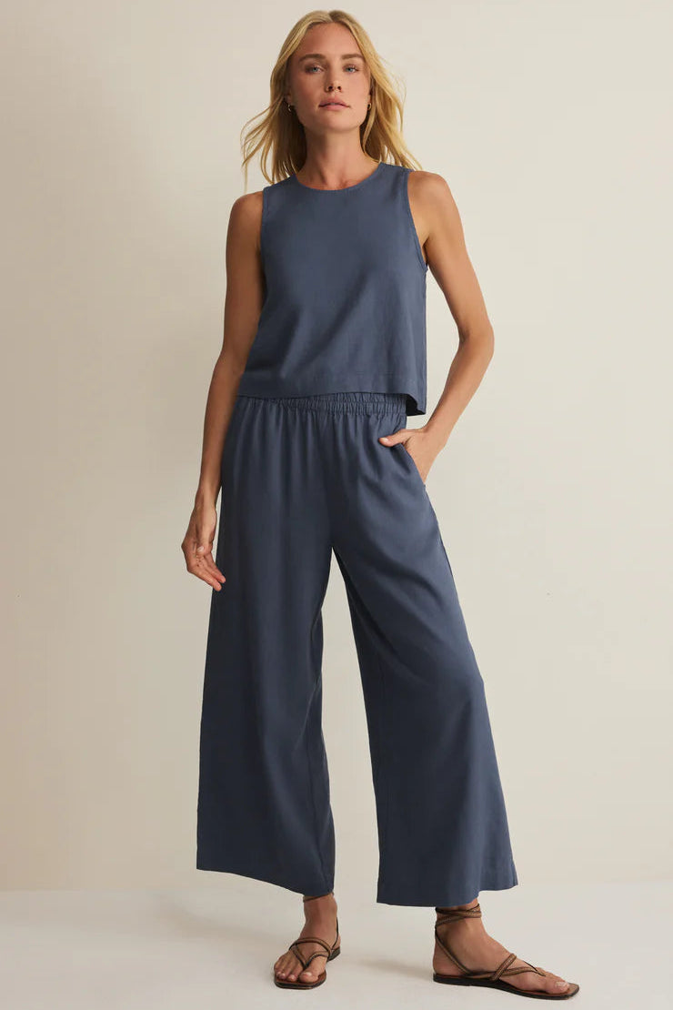 SCOUT linen pant by Z SUPPLY in indigo with wide legs and elastic waist