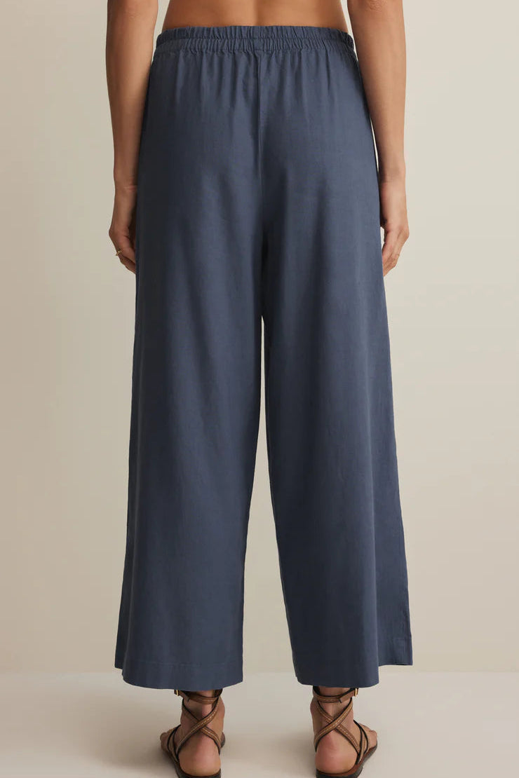 Indigo linen pants with elastic waistband, relaxed wide-leg fit