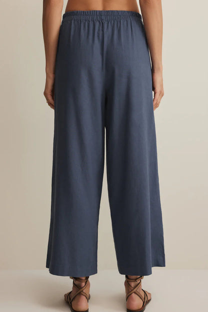 Indigo linen pants with elastic waistband, relaxed wide-leg fit