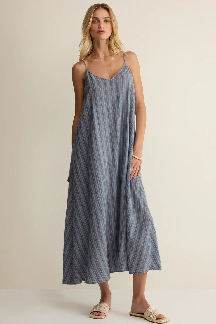 Indigo striped midi dress with spaghetti straps and gathered skirt
