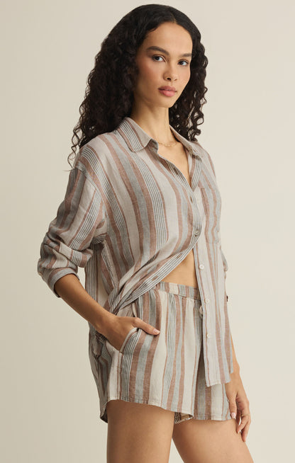 Striped button-up shirt with button front and long sleeves, in light beige stripe pattern