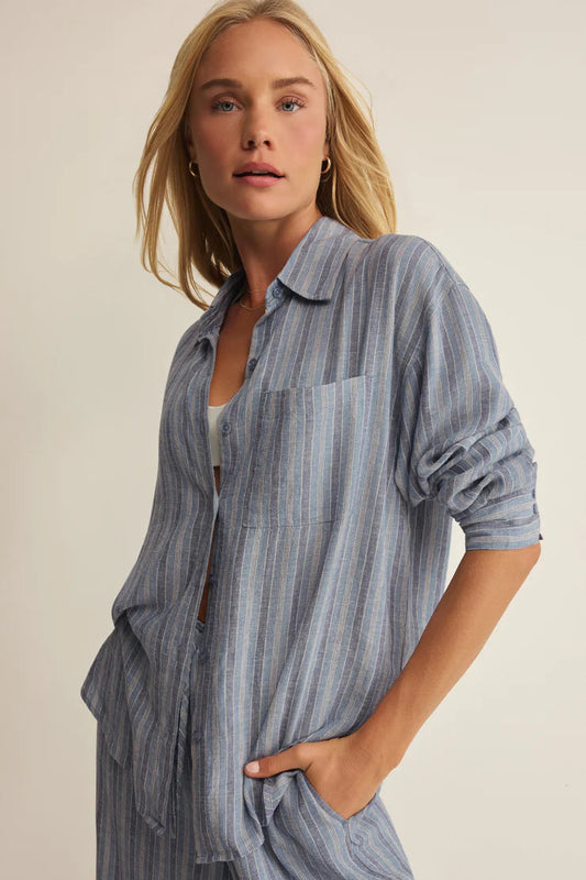 The prefect striped button up in indigo front view