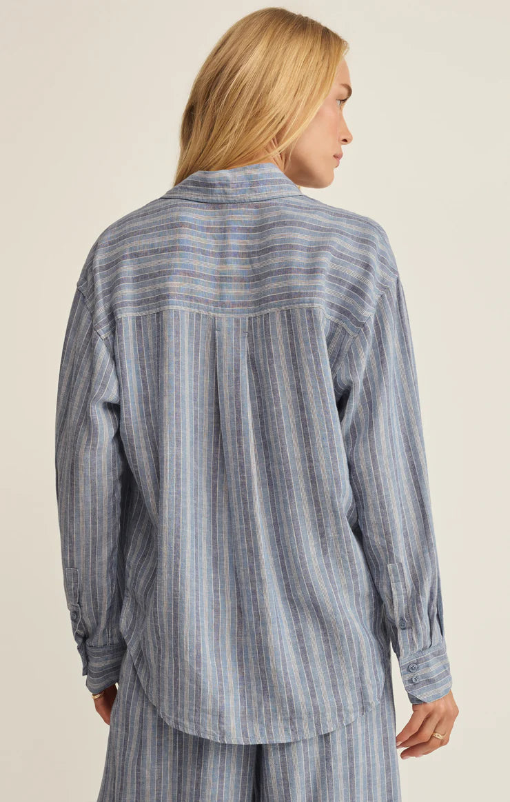 The prefect striped button up in indigo back view