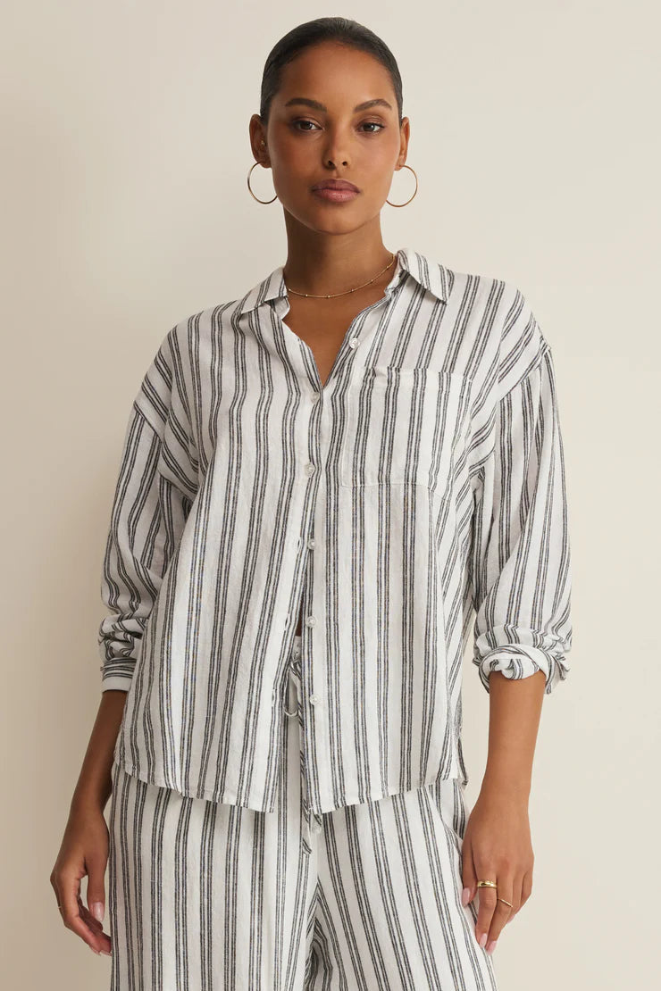 The prefect striped button up in white front view