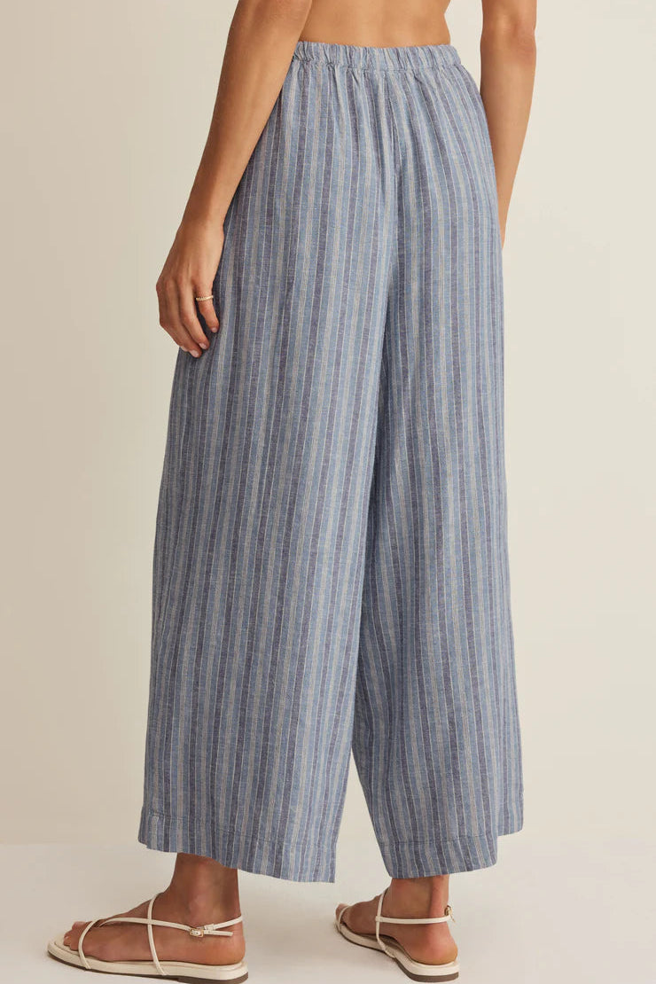 Indigo-and-white striped wide-leg pants with elastic waistband and drawstring