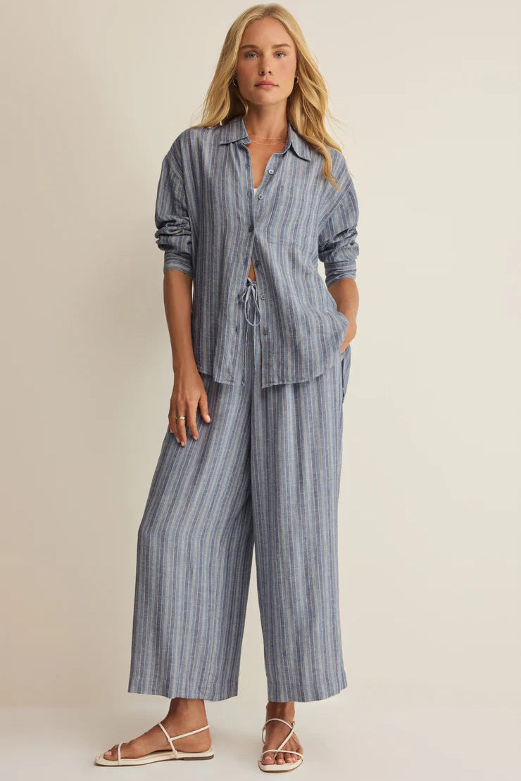 THE PERFECT STRIPED PANT: indigo-and-white vertical stripe wide-leg pants