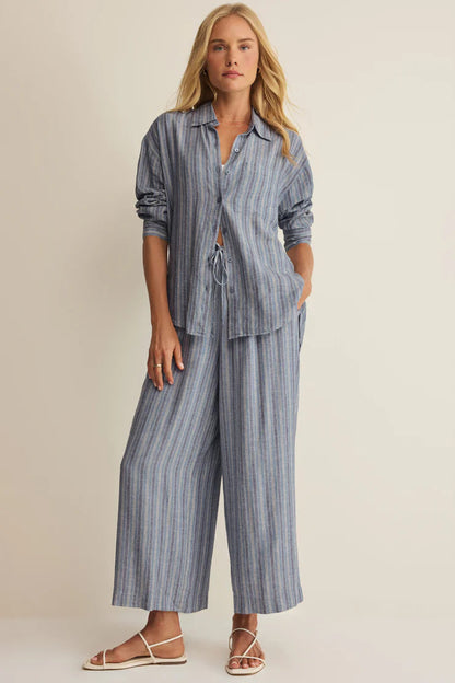 THE PERFECT STRIPED PANT: indigo-and-white vertical stripe wide-leg pants