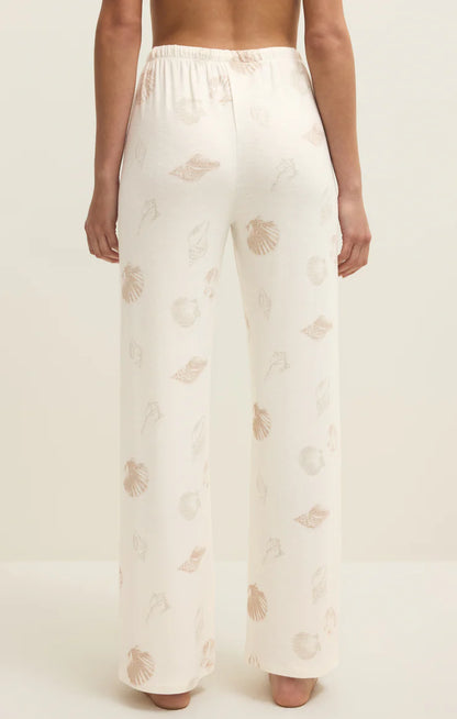 Wide-leg shell-print lounge pants with elastic waist, vanilla