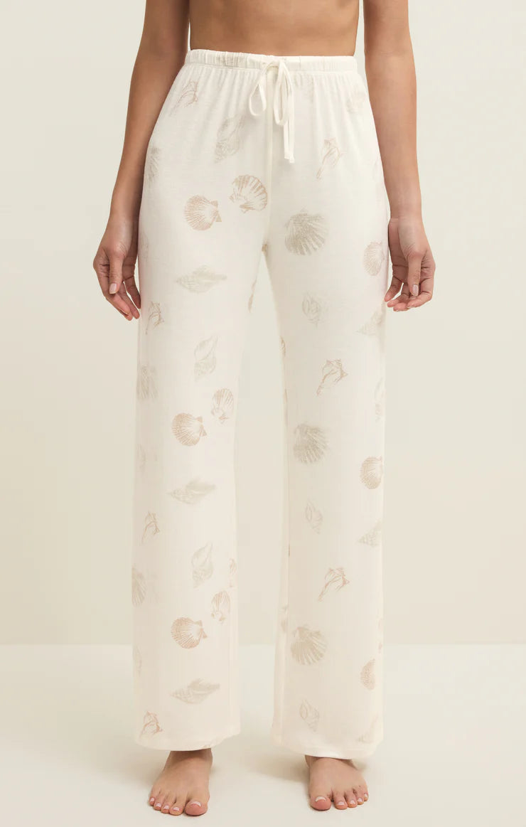 Drawstring elastic-waist wide-leg pants with seashell print, vanilla
