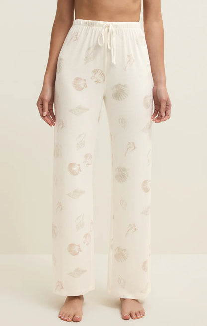 Drawstring elastic-waist wide-leg pants with seashell print, vanilla