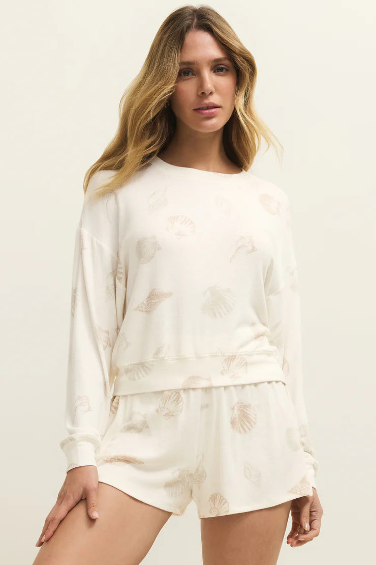 BISOUS Shell long sleeve top in vanilla ice with beige shell print
