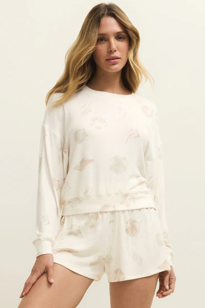 BISOUS Shell long sleeve top in vanilla ice with beige shell print