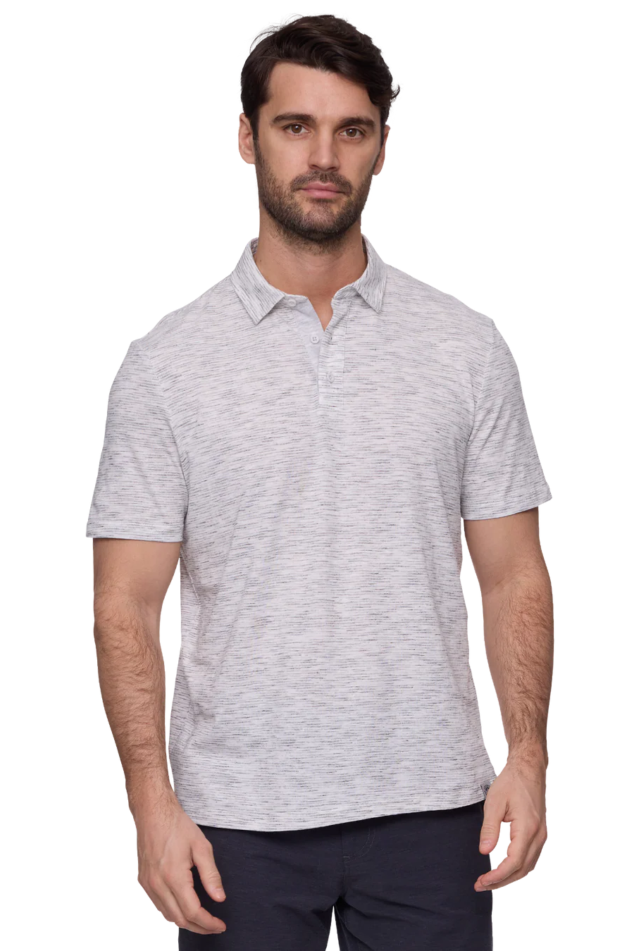 Hudson short sleeve stripe space dye polo shirt in lt grey heather front view