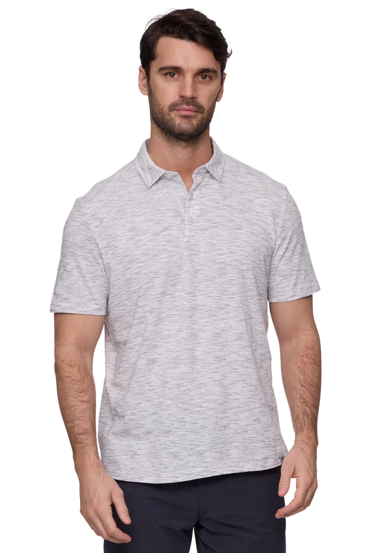 Hudson short sleeve stripe space dye polo shirt in lt grey heather front view
