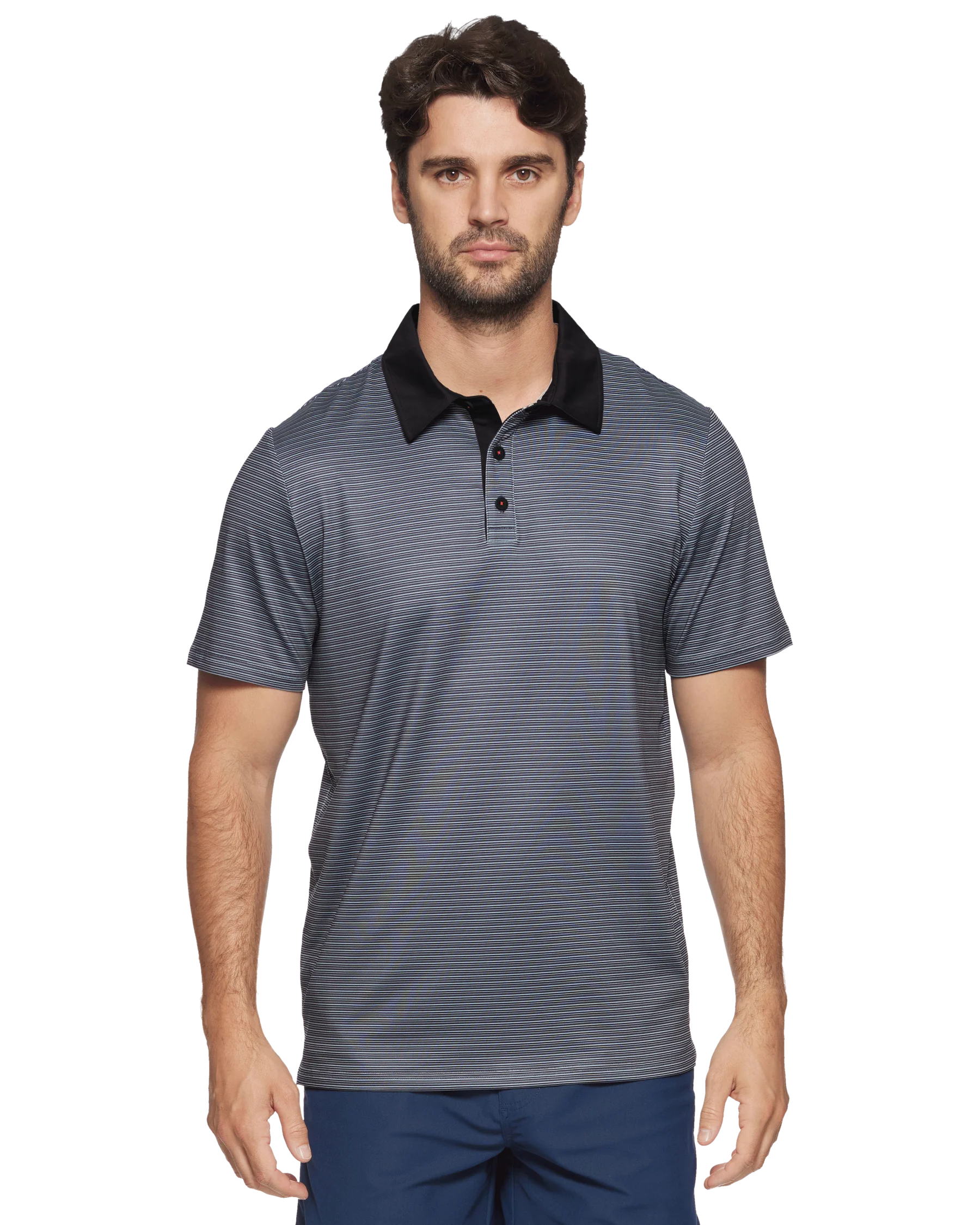 Kiawah collar short sleeve mini stripe polo shirt in black combo front view