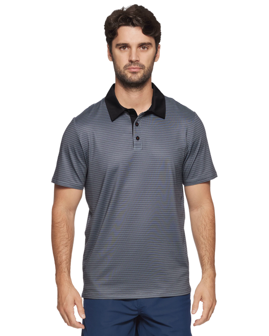 Kiawah collar short sleeve mini stripe polo shirt in black combo front view