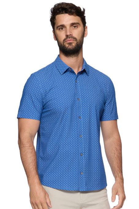 ALEXANDRIA short-sleeve journey shirt in blue medallion print, button-front
