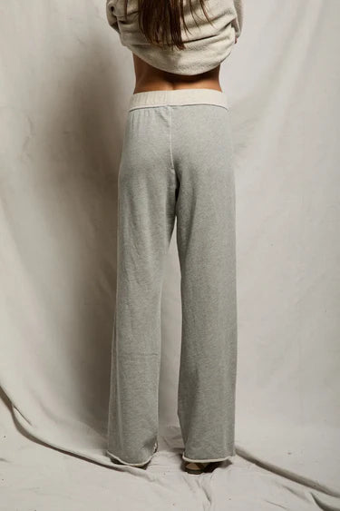 Heather gray fleece wide-leg sweatpants, long relaxed legs and elastic waistband