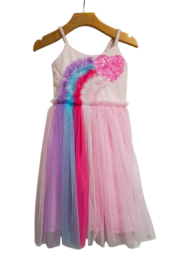 Rainbow heart dress on hanger, pink tulle skirt with rainbow swirl and sequin heart