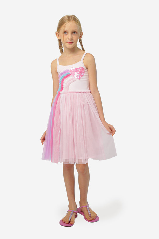 Rainbow heart dress with pink tulle skirt and sequin heart bodice, spaghetti straps