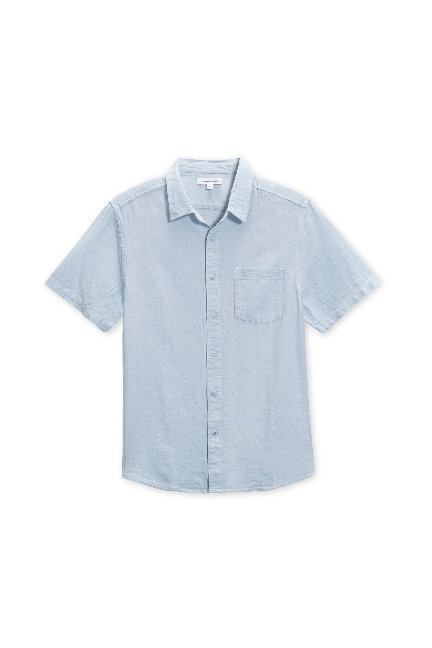 Short sleeve linen button down in light blue front view