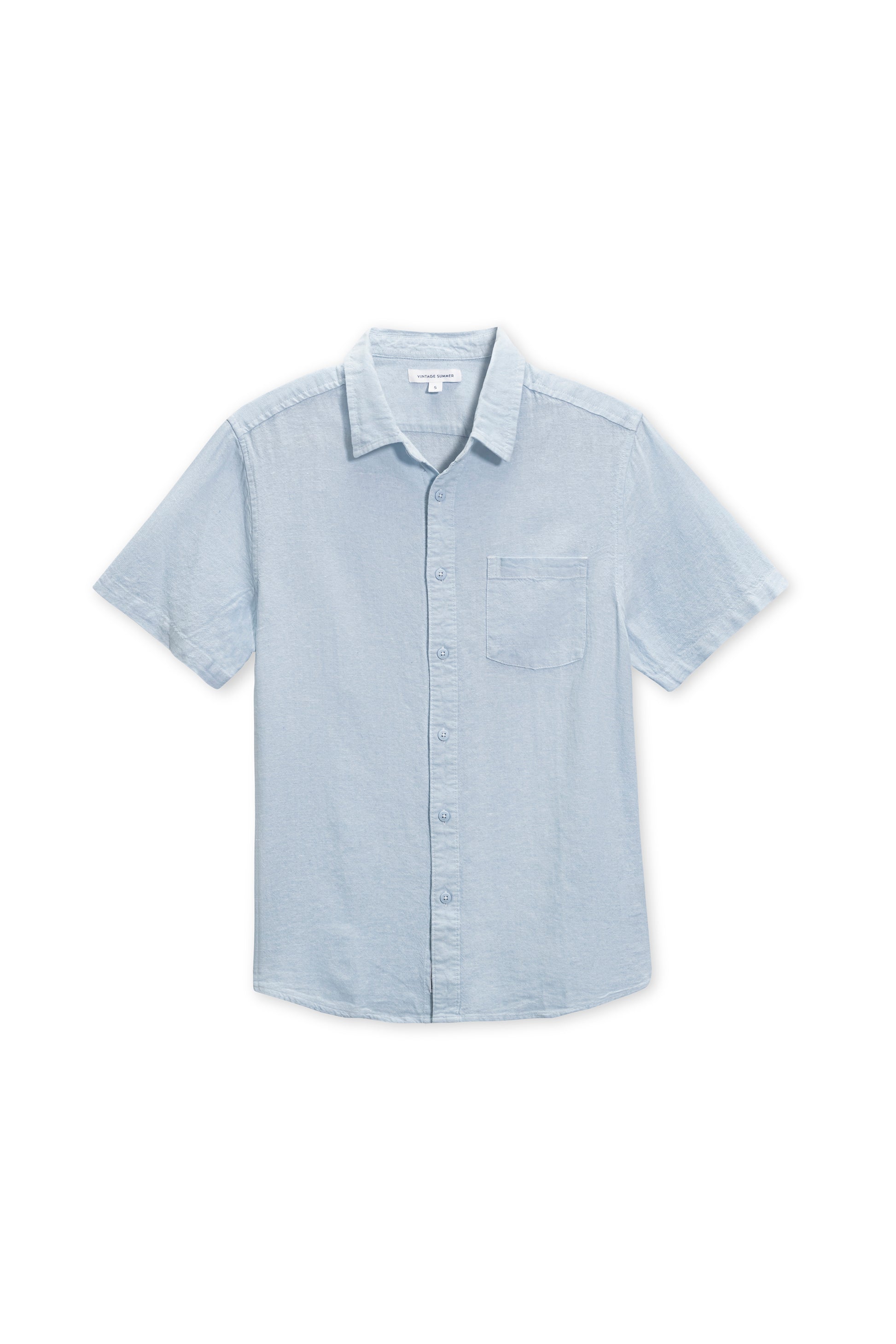 Short sleeve linen button down in light blue front view