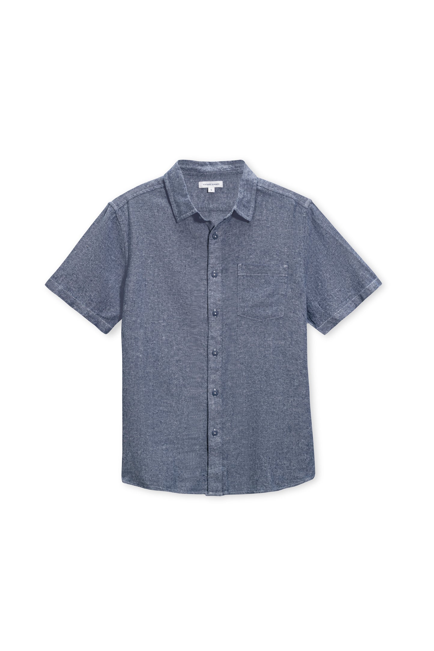 Short sleeve linen button down in navy front view
