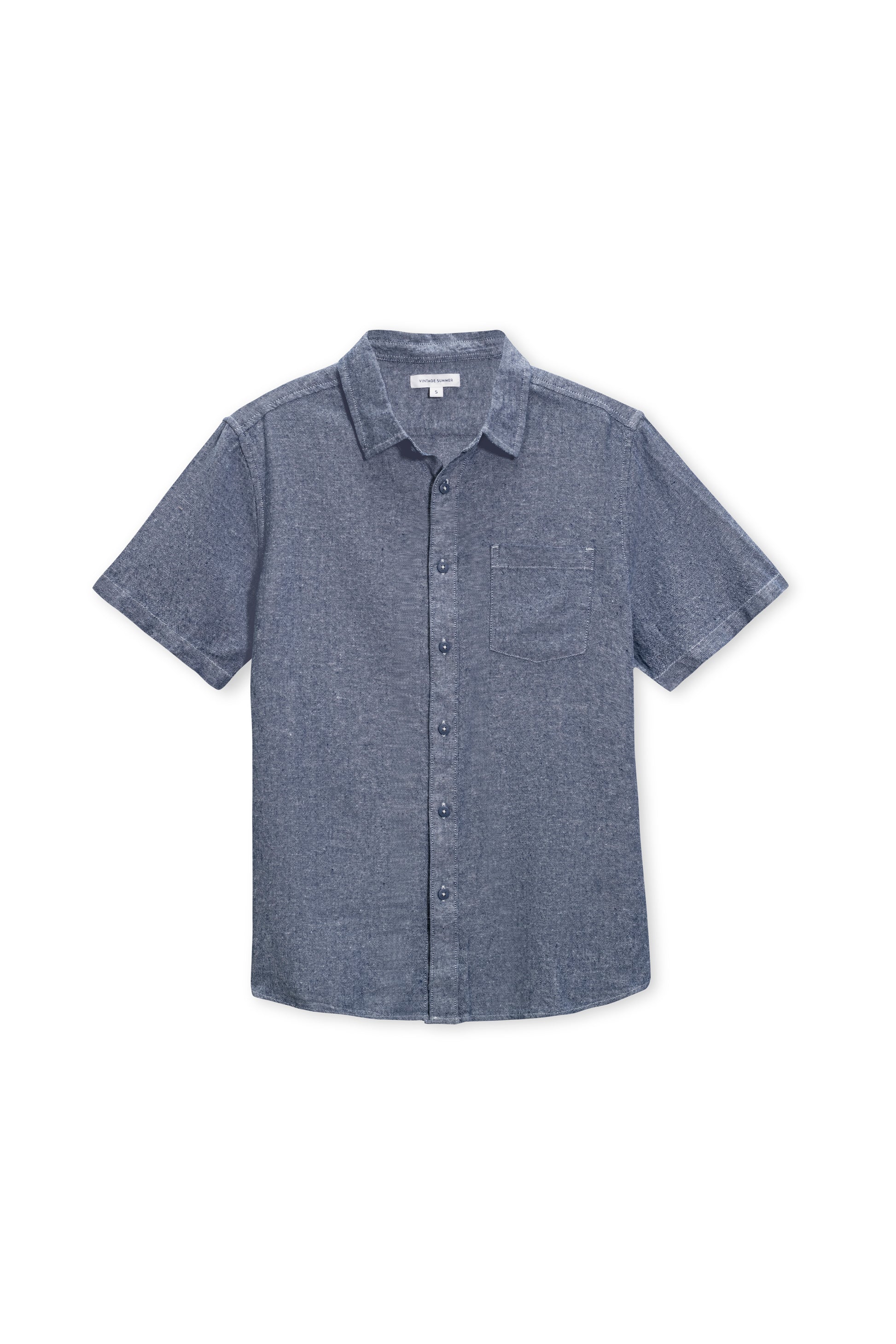 Short sleeve linen button down in navy front view