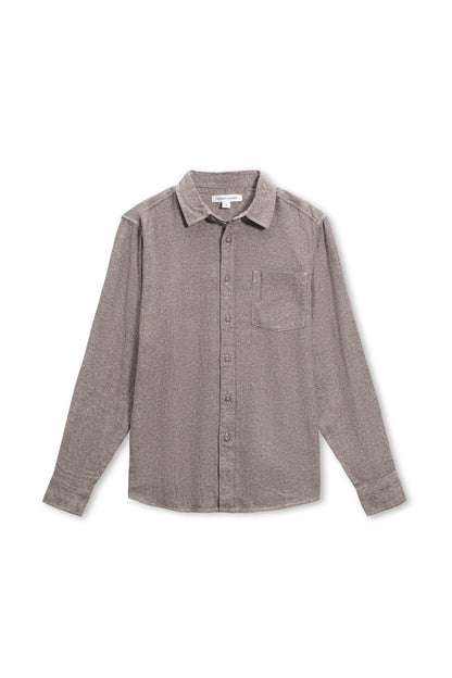 Long sleeve linen button down shirt in brown front view