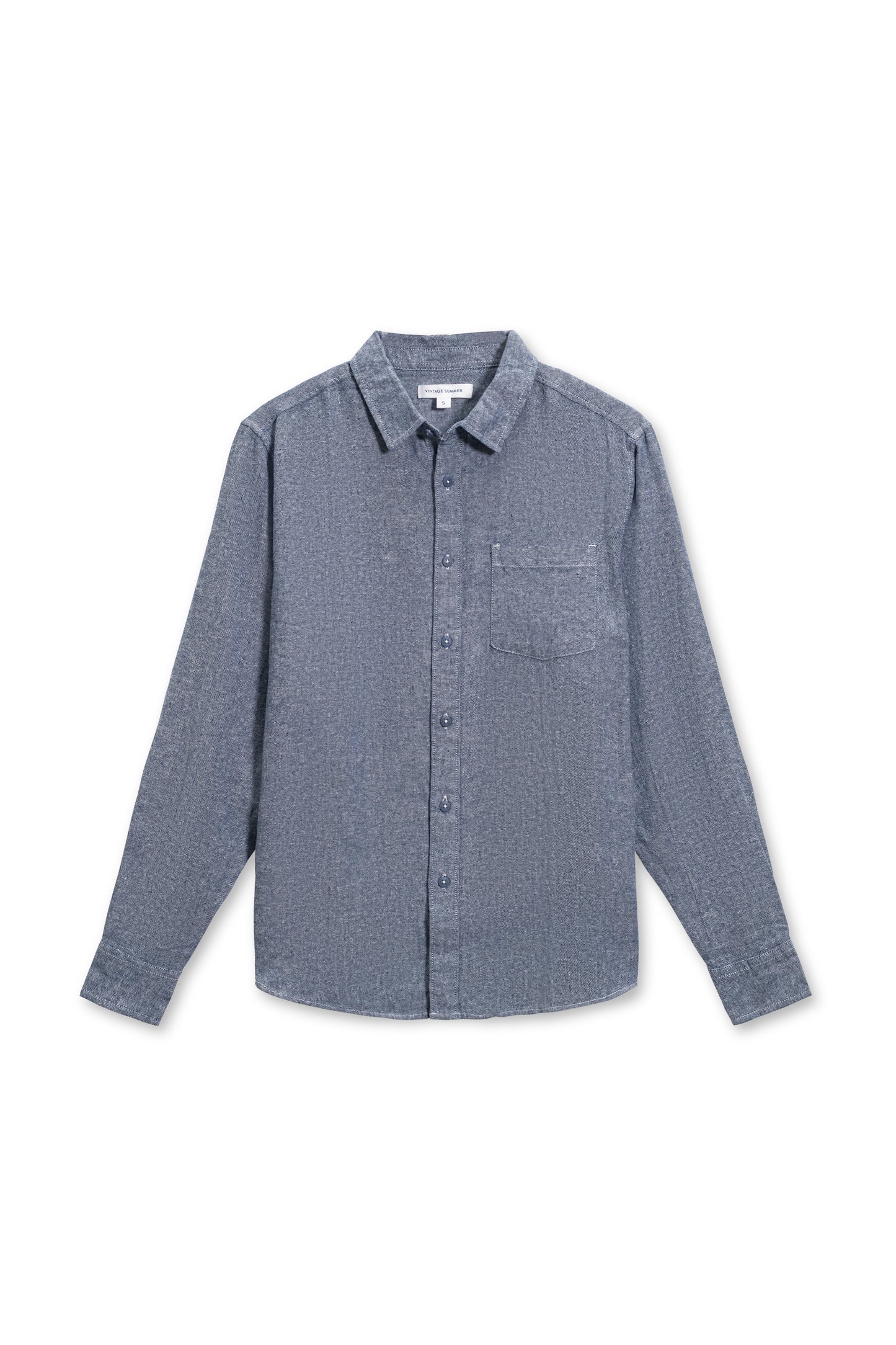 Long sleeve linen button down shirt in navy front view