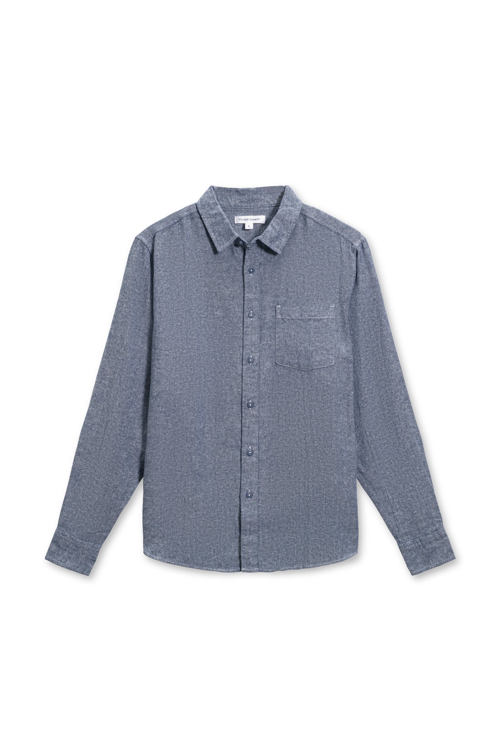 Long sleeve linen button down shirt in navy front view