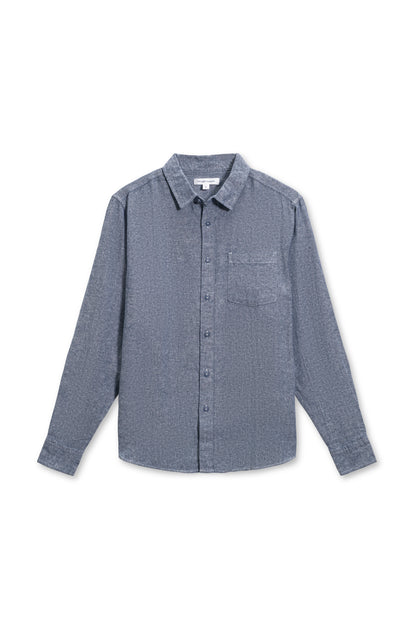 Long sleeve linen button down shirt in navy front view