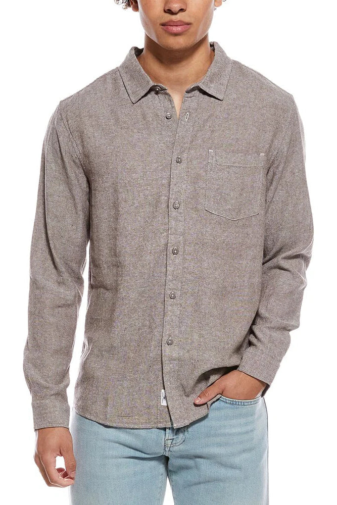 Long sleeve linen button down shirt in brown style view