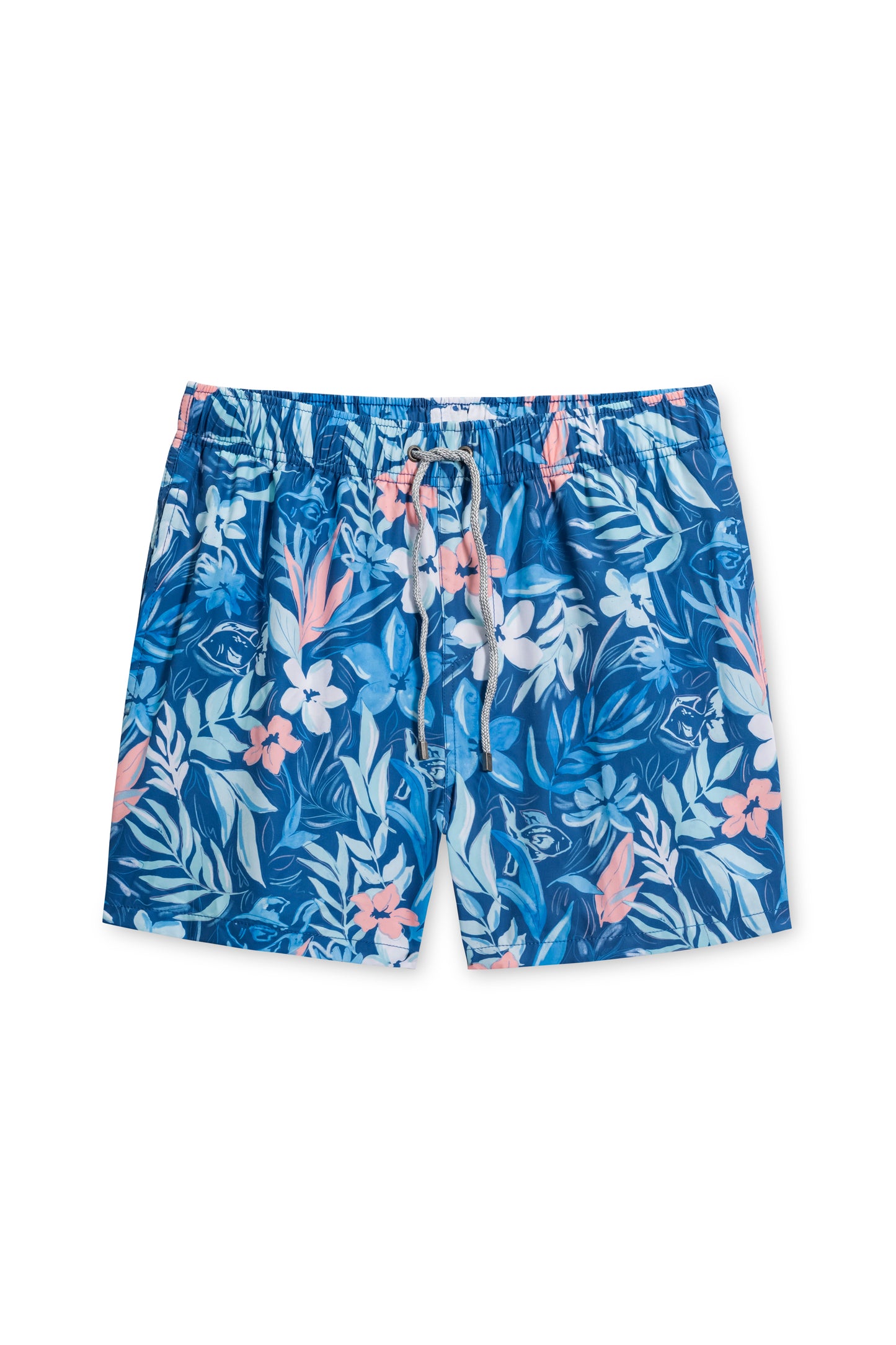 Vintage stretch swim short in blue fish floral front view