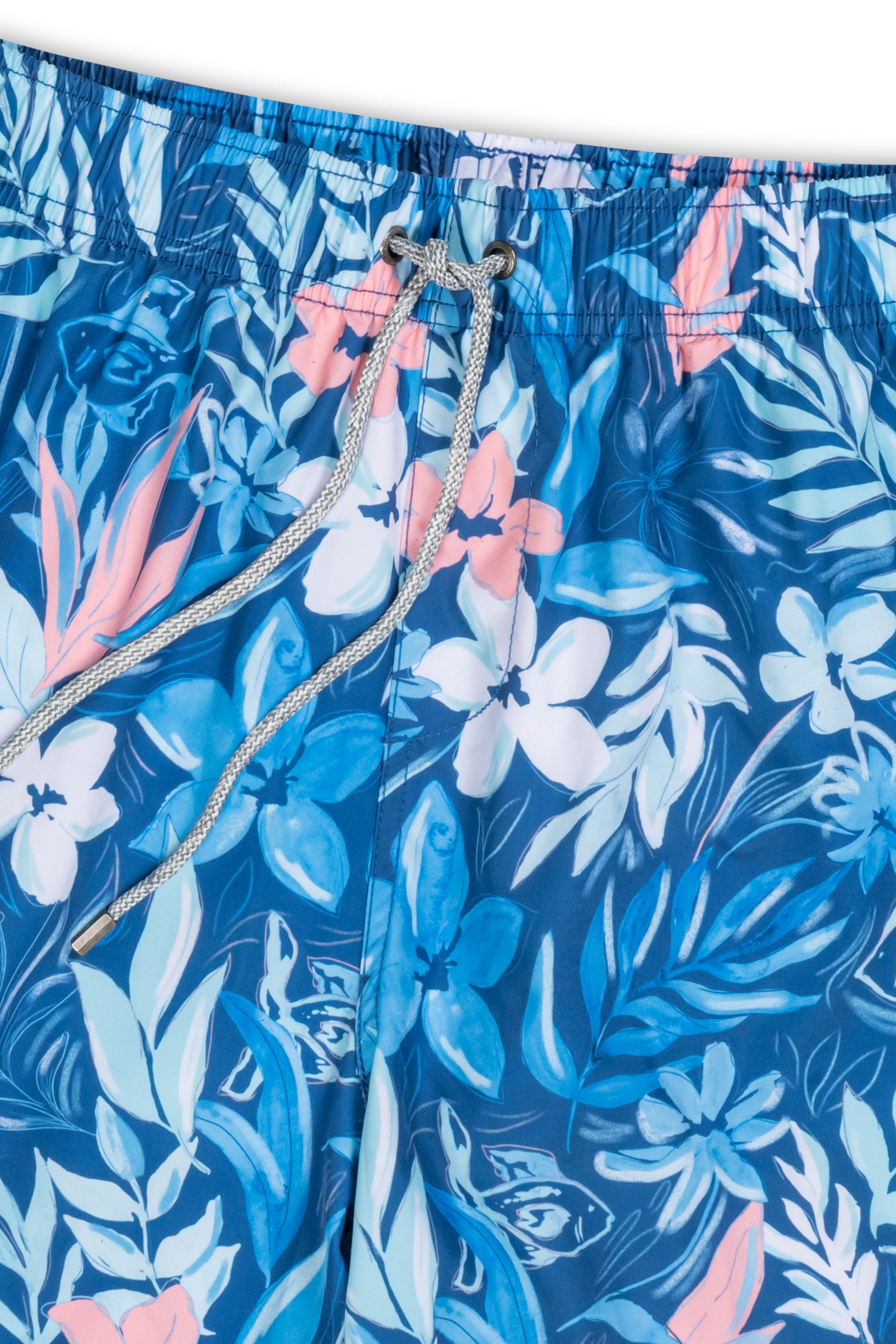 Vintage stretch swim short in blue fish floral detail view