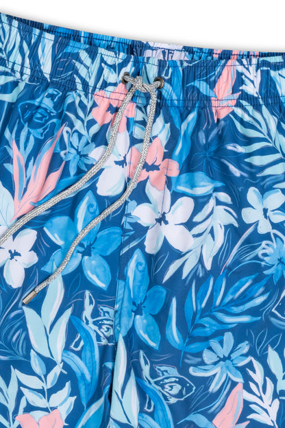 Vintage stretch swim short in blue fish floral detail view