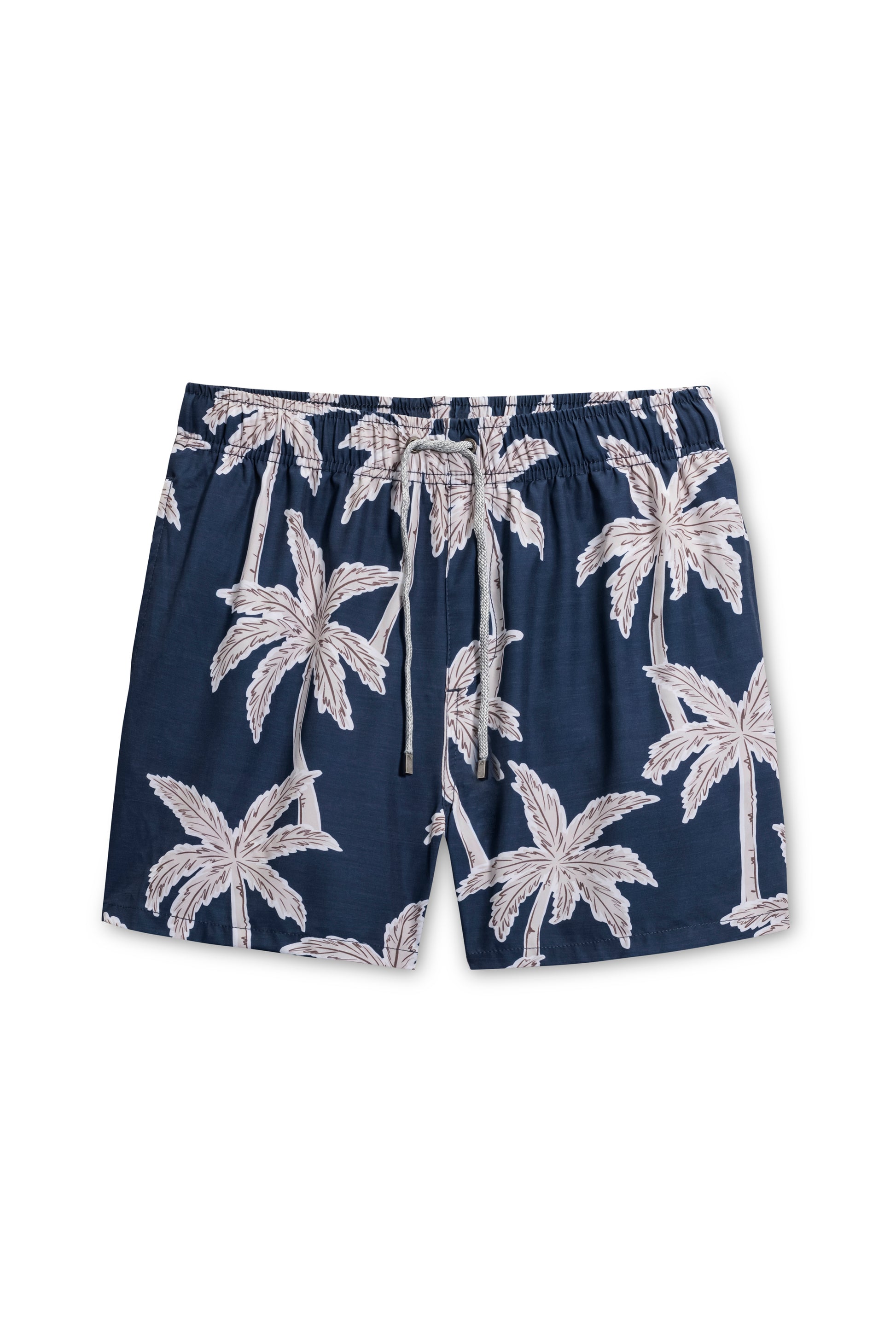 Vintage stretch swim short in navy palm front view