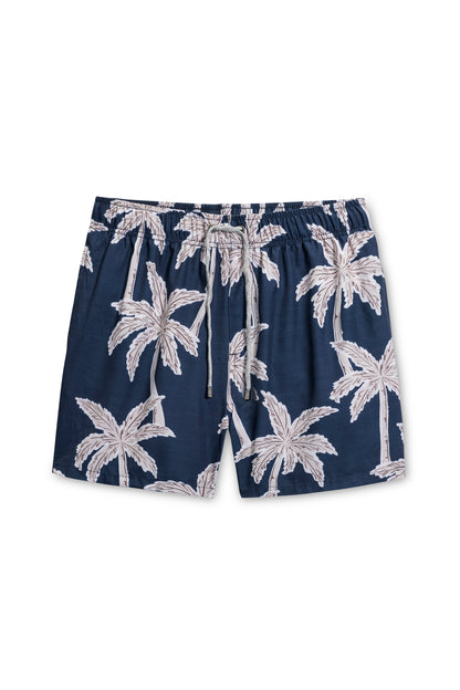 Vintage stretch swim short in navy palm front view