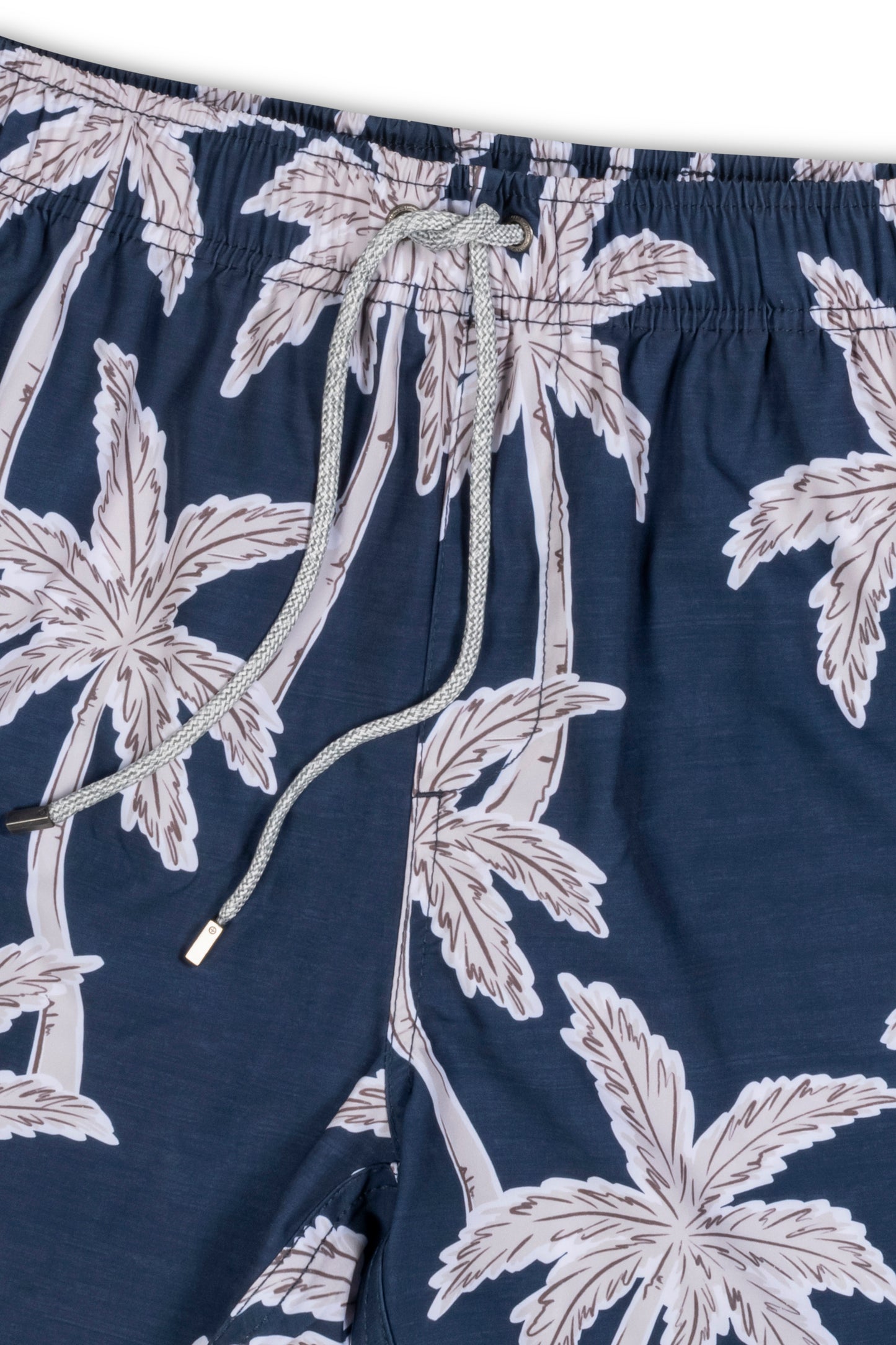 Vintage stretch swim short in navy palm detail view
