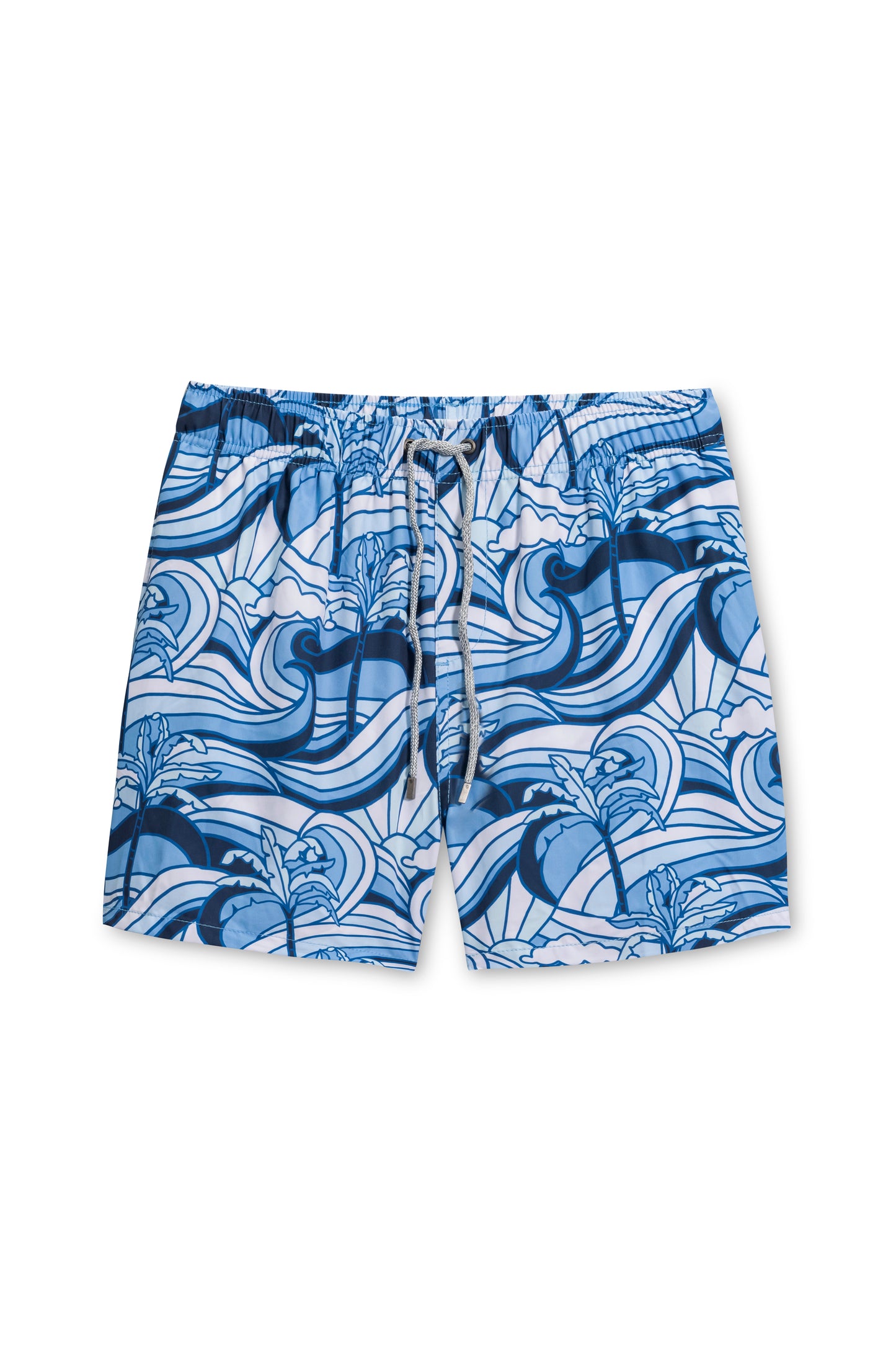 Vintage stretch swim short in navy wave sun front view