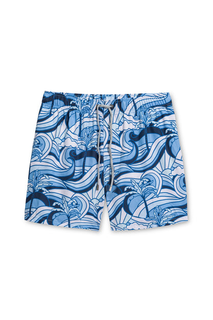 Vintage stretch swim short in navy wave sun front view