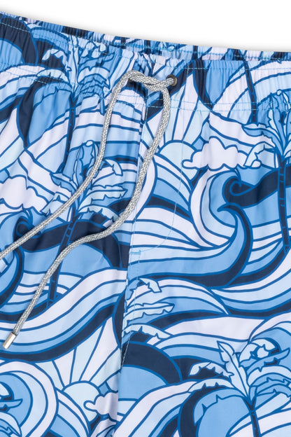 Vintage stretch swim short in navy wave sun detail view