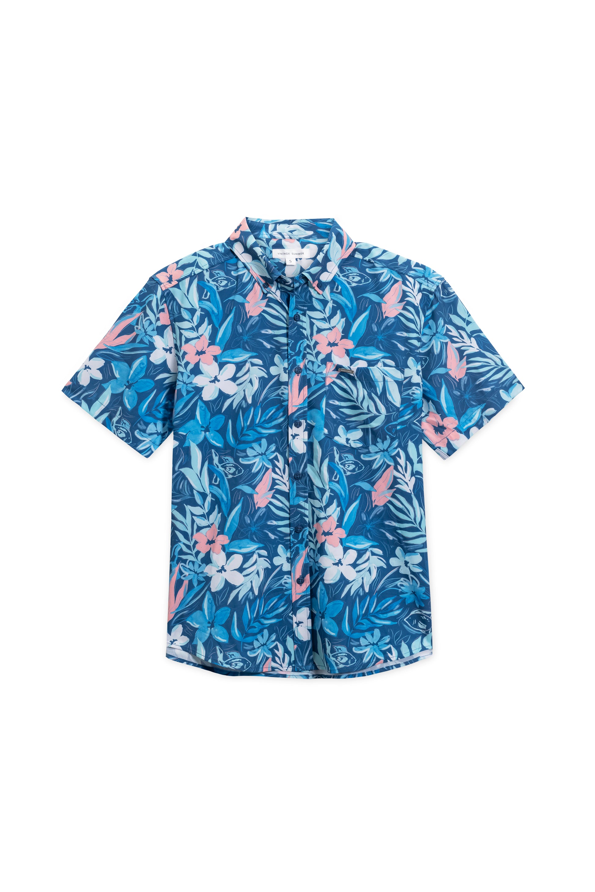 Vintage stretch buttondown in blue fish floral front view