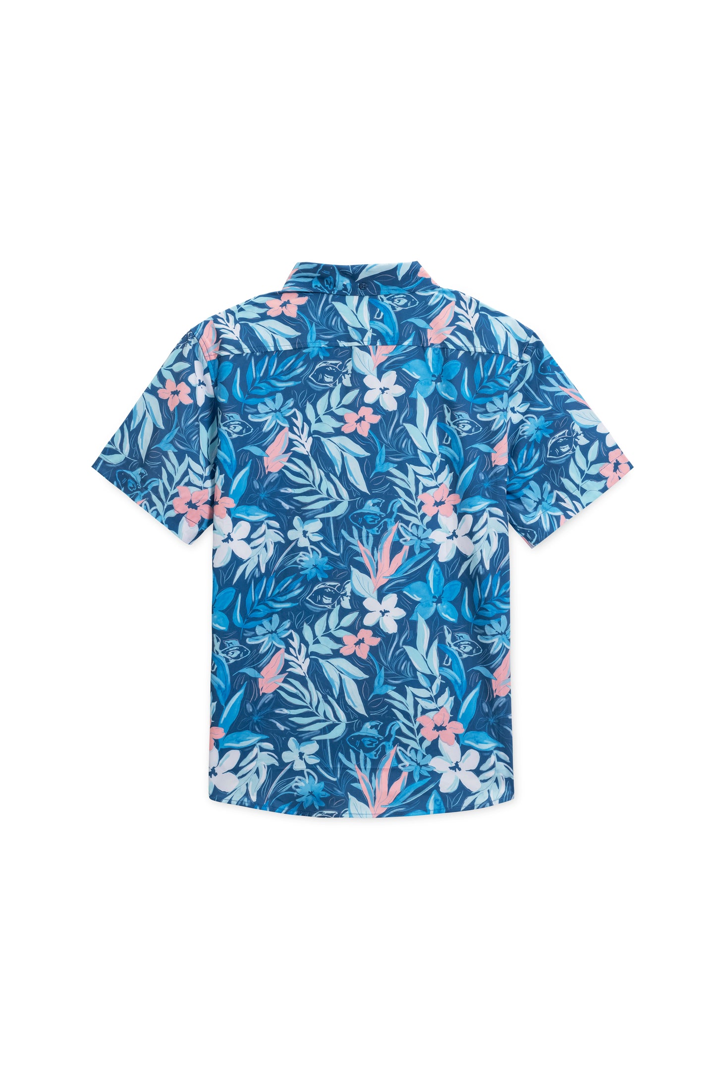 Vintage stretch buttondown in blue fish floral back view