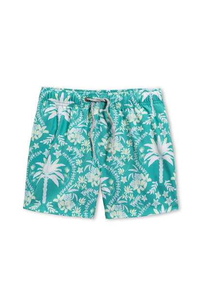 Boys vintage stretch swim short in green ornament palm view