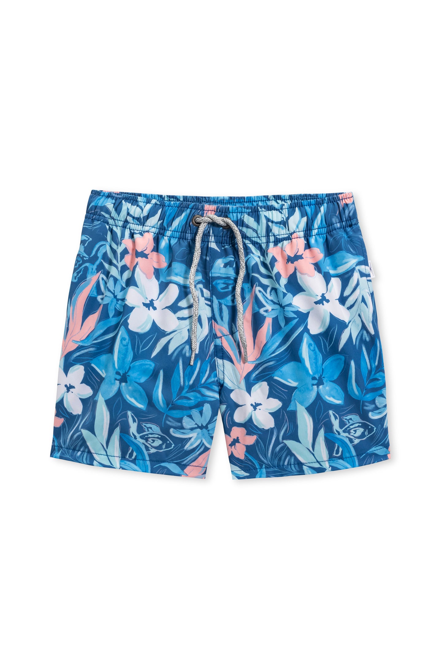 Boys vintage stretch swim short in blue fish floral front view