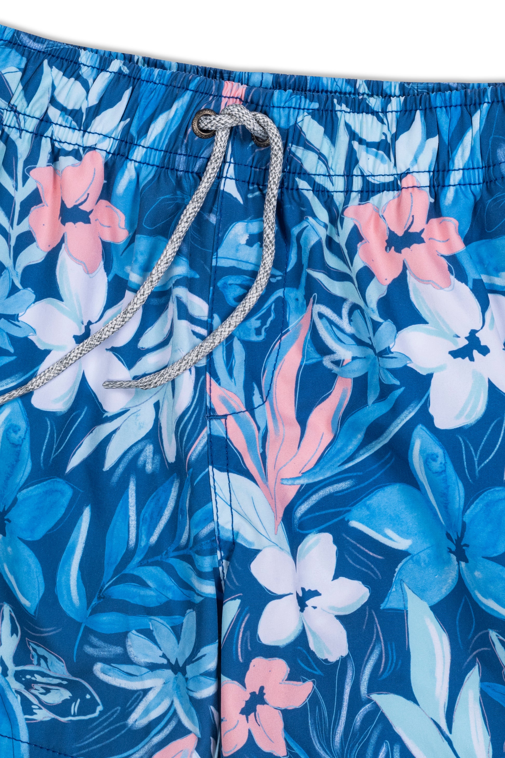 Boys vintage stretch swim short in blue fish floral detail view